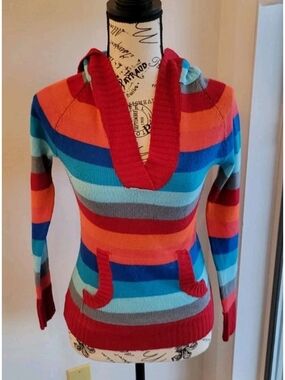Love By Chelsey Striped V-Neck Hooded Sweater in Red, Orange, Blue & Gray